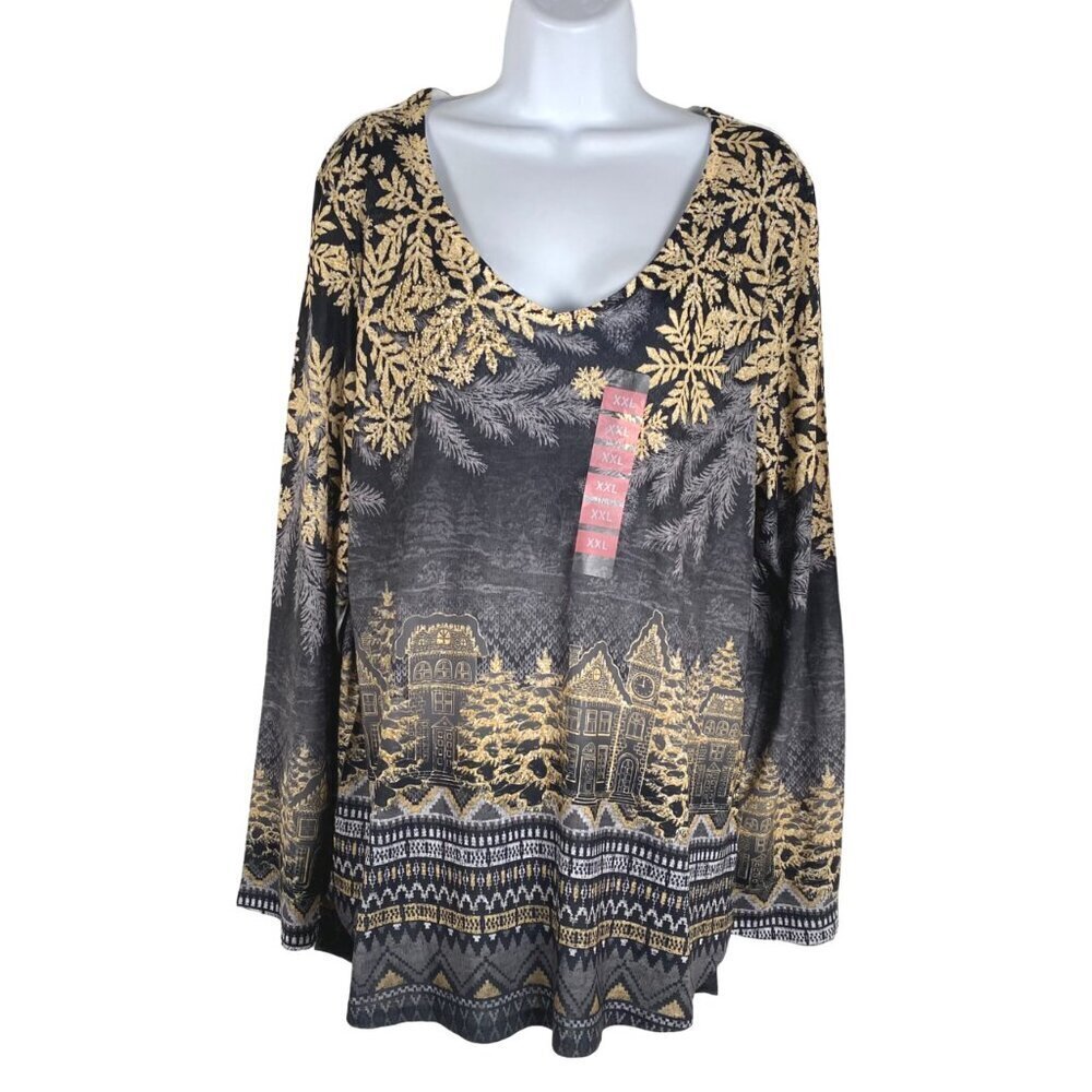 One World Top 2XL Glitter Snowflakes Winter Print Long Sleeve NWT TP-2630